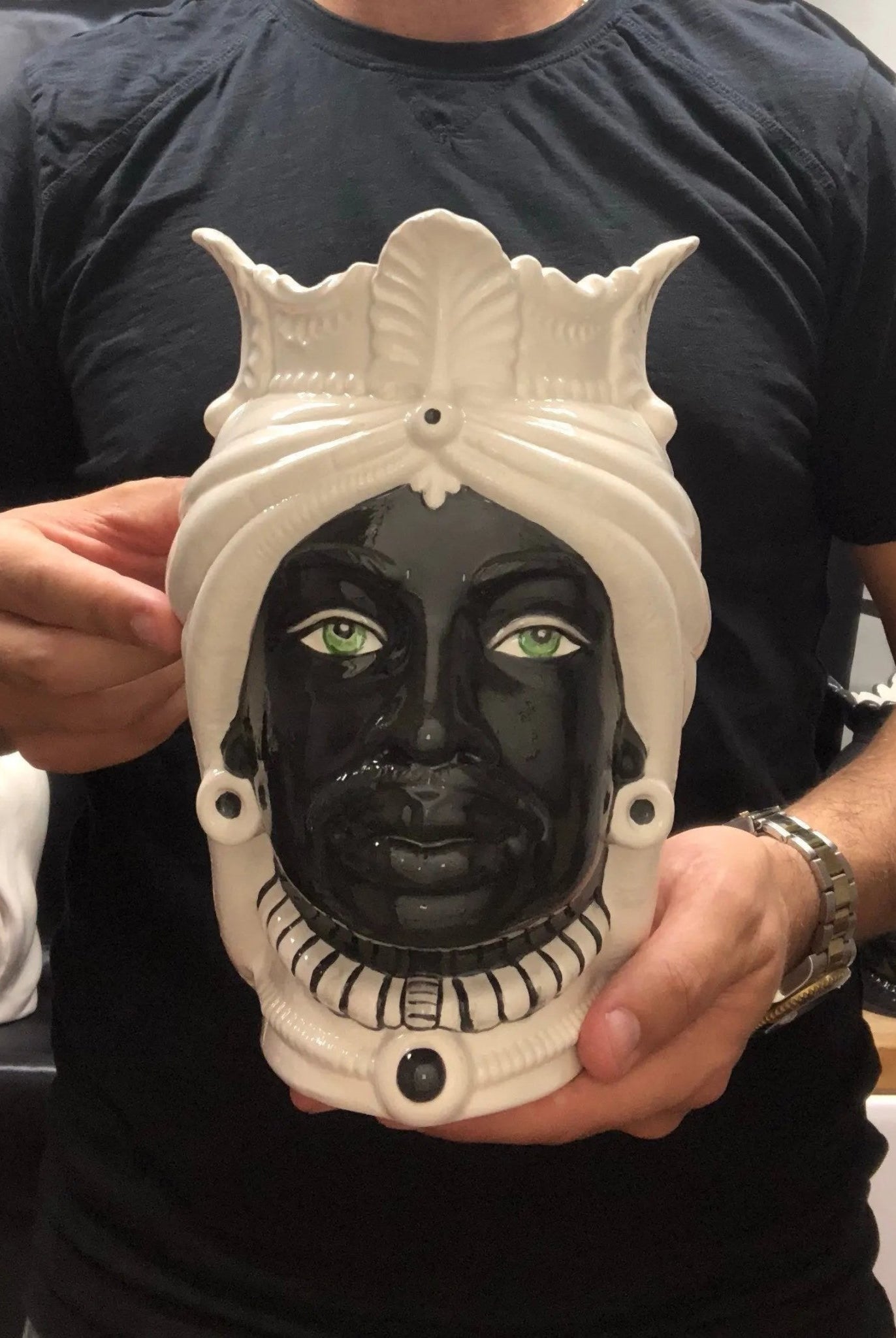 Teste di Moro Afro Ceramica Caltagirone cm H.25 L.17 Artigianale Bicolore Bianco Nero - DD CERAMICHE SICILIANE