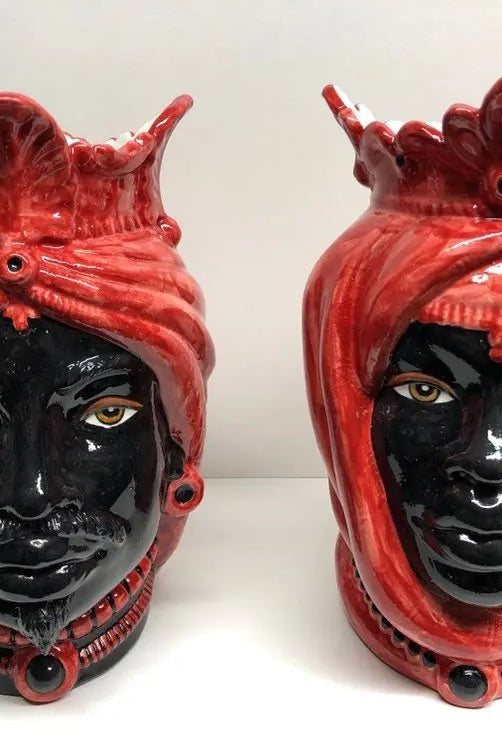 Teste di Moro Afro Ceramica Caltagirone cm H.25 L.17 Artigianale Bicolore Rosso Nero - DD CERAMICHE SICILIANE