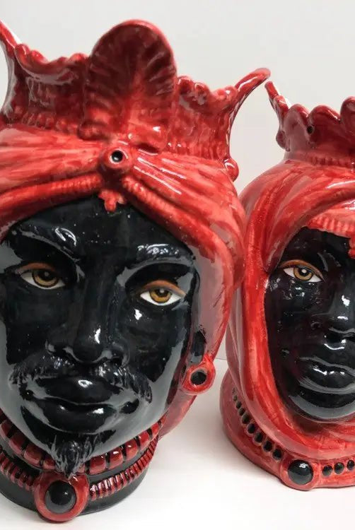 Teste di Moro Afro Ceramica Caltagirone cm H.25 L.17 Artigianale Bicolore Rosso Nero - DD CERAMICHE SICILIANE