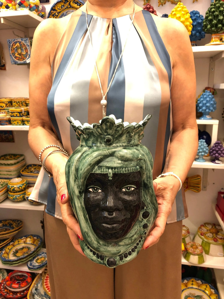 Teste di Moro Afro Ceramica Caltagirone cm H.25 L.17 Artigianale Bicolore Verde Nero - DD CERAMICHE SICILIANE