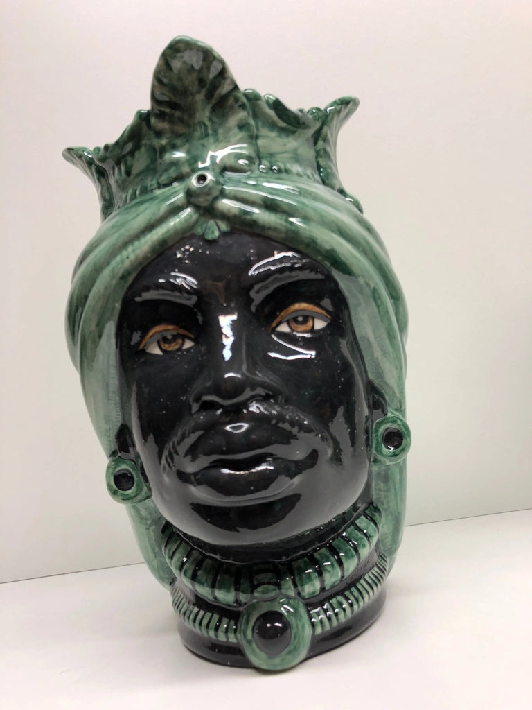 Teste di Moro Afro Ceramica Caltagirone cm H.25 L.17 Artigianale Bicolore Verde Nero - DD CERAMICHE SICILIANE