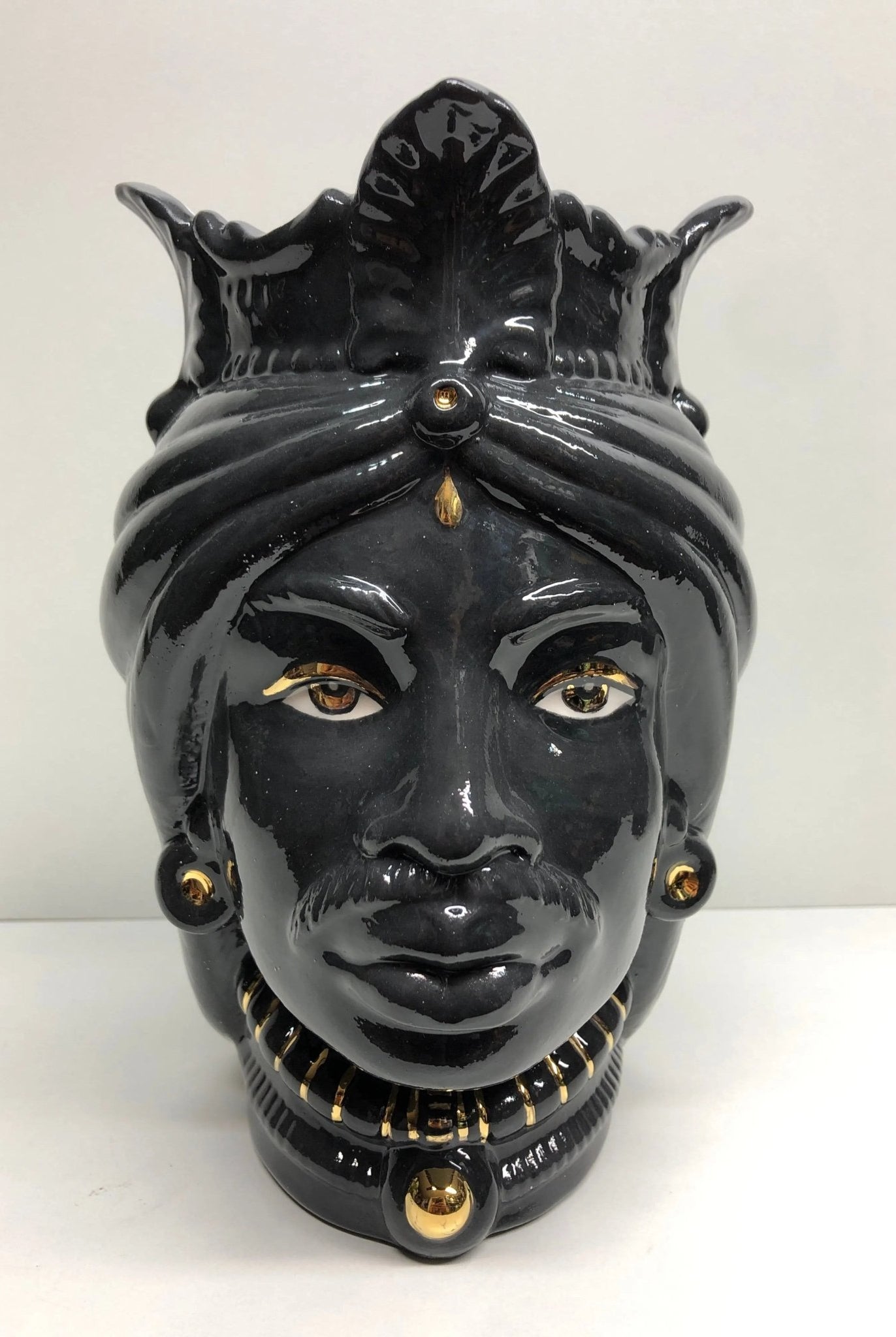 Teste di Moro Afro Ceramica Caltagirone cm H.25 L.17 Artigianale Nero dettagli Oro - DD CERAMICHE SICILIANE