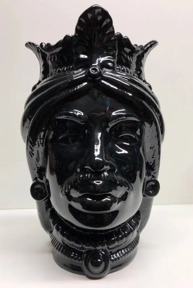 Teste di Moro Afro Ceramica Caltagirone cm H.25 L.17 Artigianale Nero Lucido - DD CERAMICHE SICILIANE