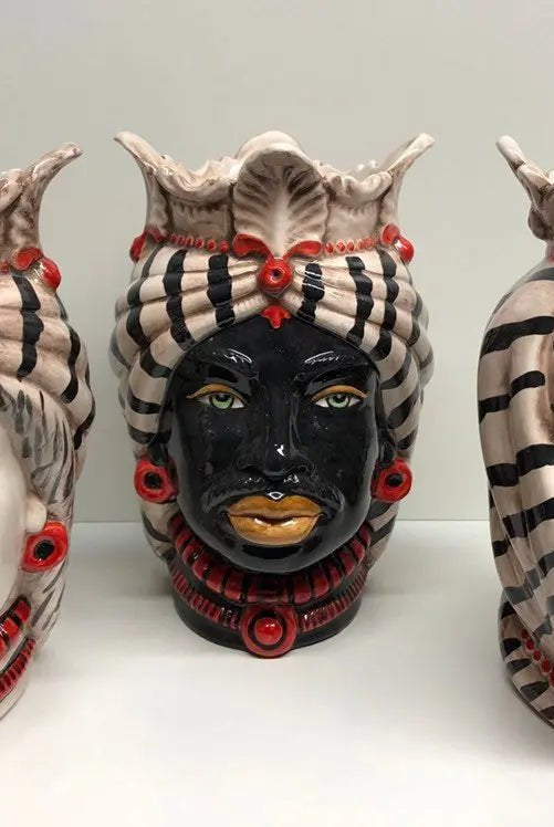 Teste di Moro Afro Ceramica Caltagirone cm H.25 L.17 Artigianale Turbante Striscie - DD CERAMICHE SICILIANE