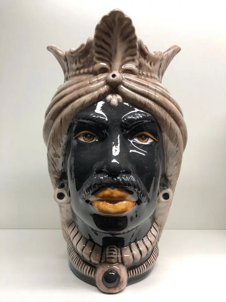 Teste di Moro Afro Ceramica Caltagirone cm H.35 L.23 Artigianale Beige Écru - DD CERAMICHE SICILIANE