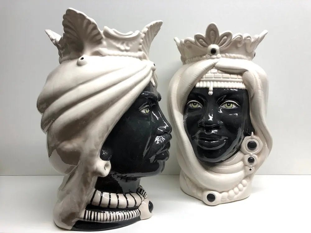 Teste di Moro Afro Ceramica Caltagirone cm H.35 L.23 Artigianale Bicolore Bianco Nero - DD CERAMICHE SICILIANE