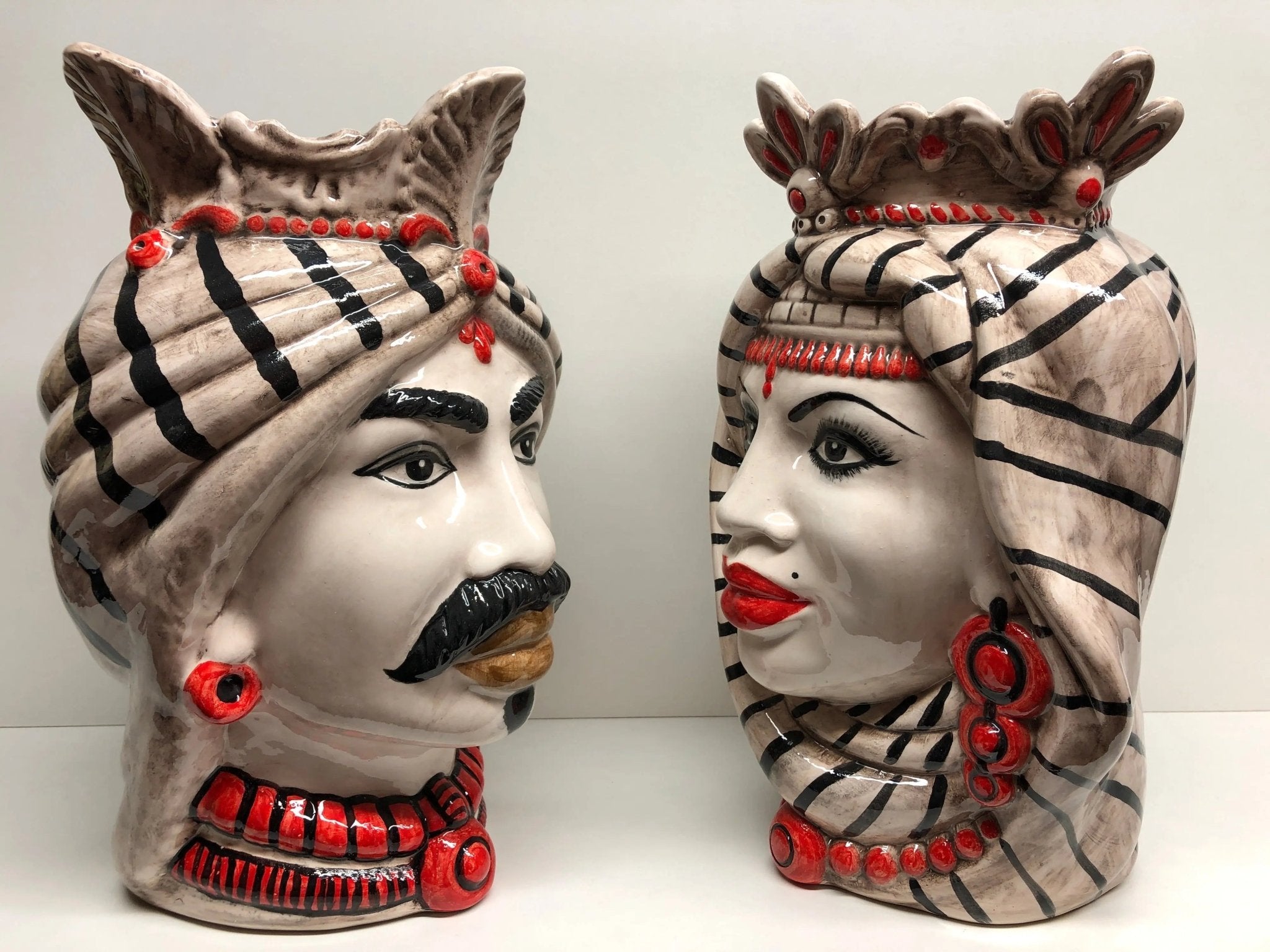 Teste di Moro Afro Ceramica Caltagirone cm H.35 L.23 Artigianale Turbante Striscie - DD CERAMICHE SICILIANE