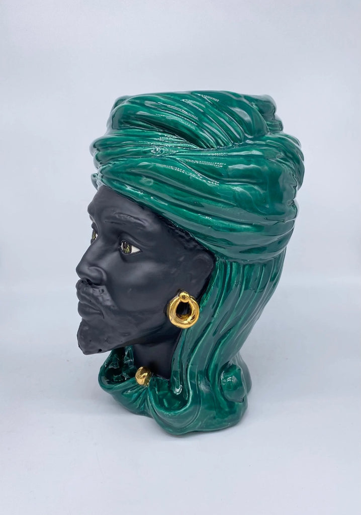 Teste di Moro Anubi Ceramica Caltagirone cm H.29 L.20 Artigianale Verde Nero Oro - DD CERAMICHE SICILIANE