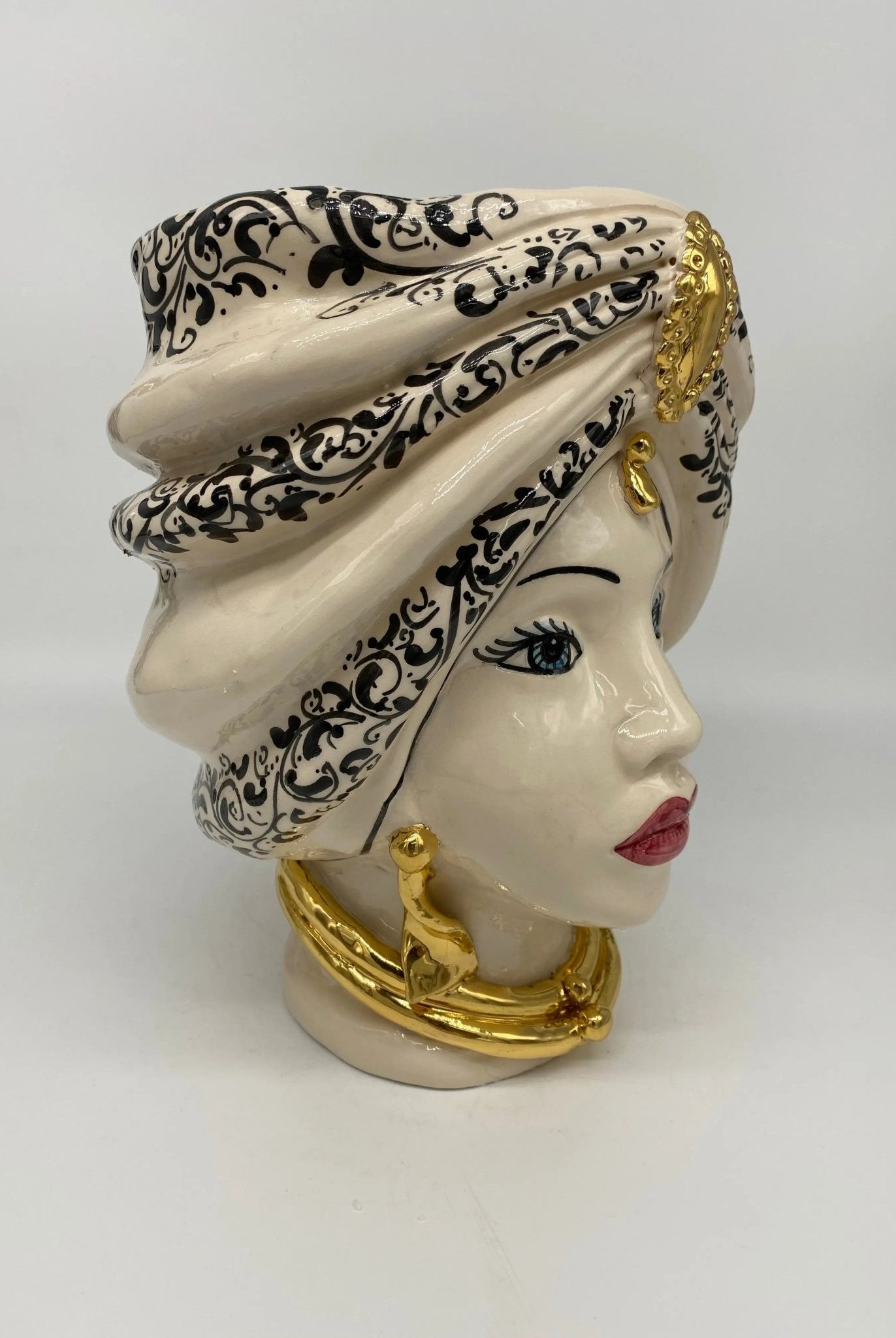 Teste di Moro Atena Ceramica Caltagirone cm H.24 L.18 Artigianale Bianco Decoro Barocco Oro - DD CERAMICHE SICILIANE