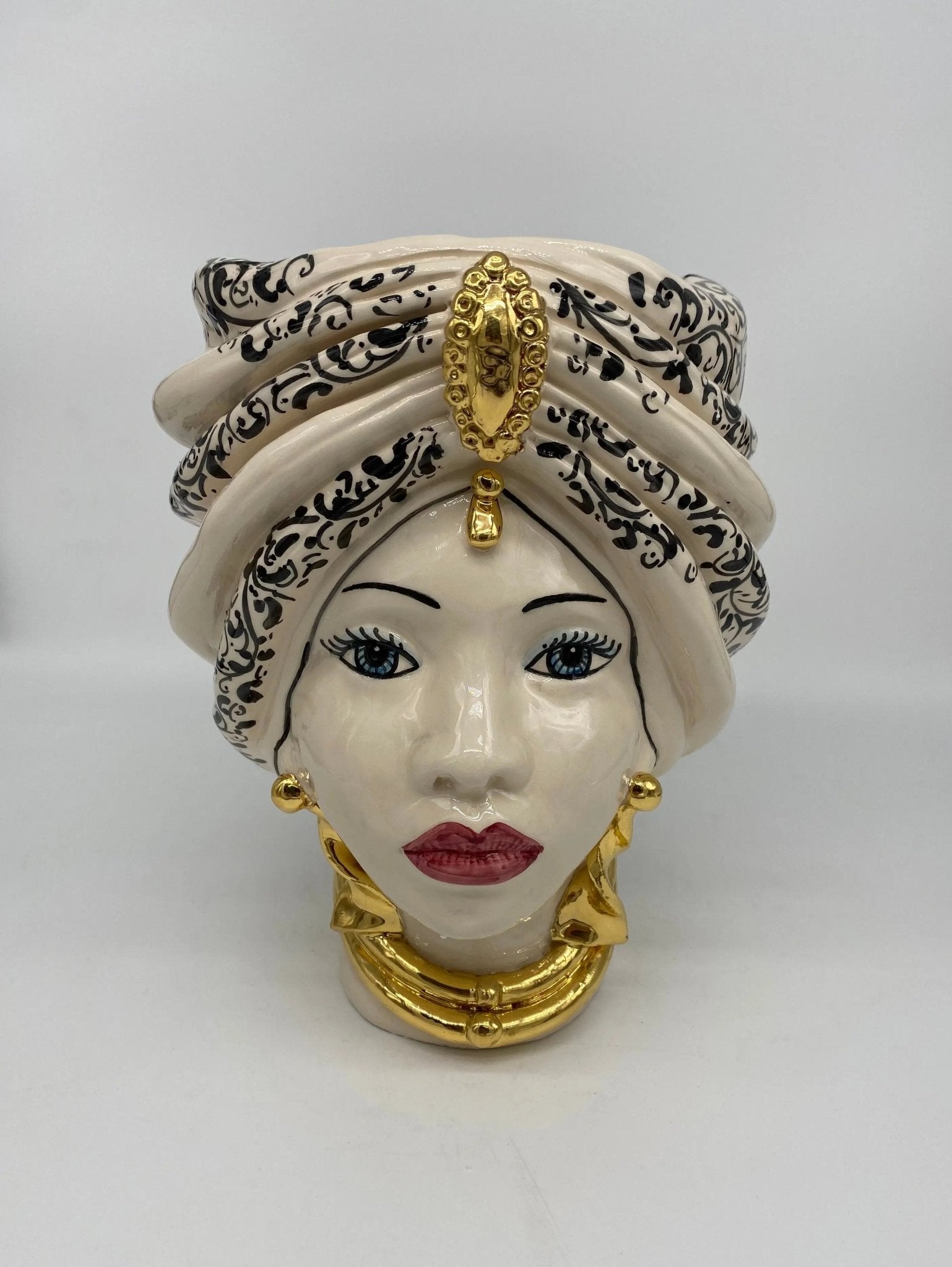 Teste di Moro Atena Ceramica Caltagirone cm H.24 L.18 Artigianale Bianco Decoro Barocco Oro - DD CERAMICHE SICILIANE