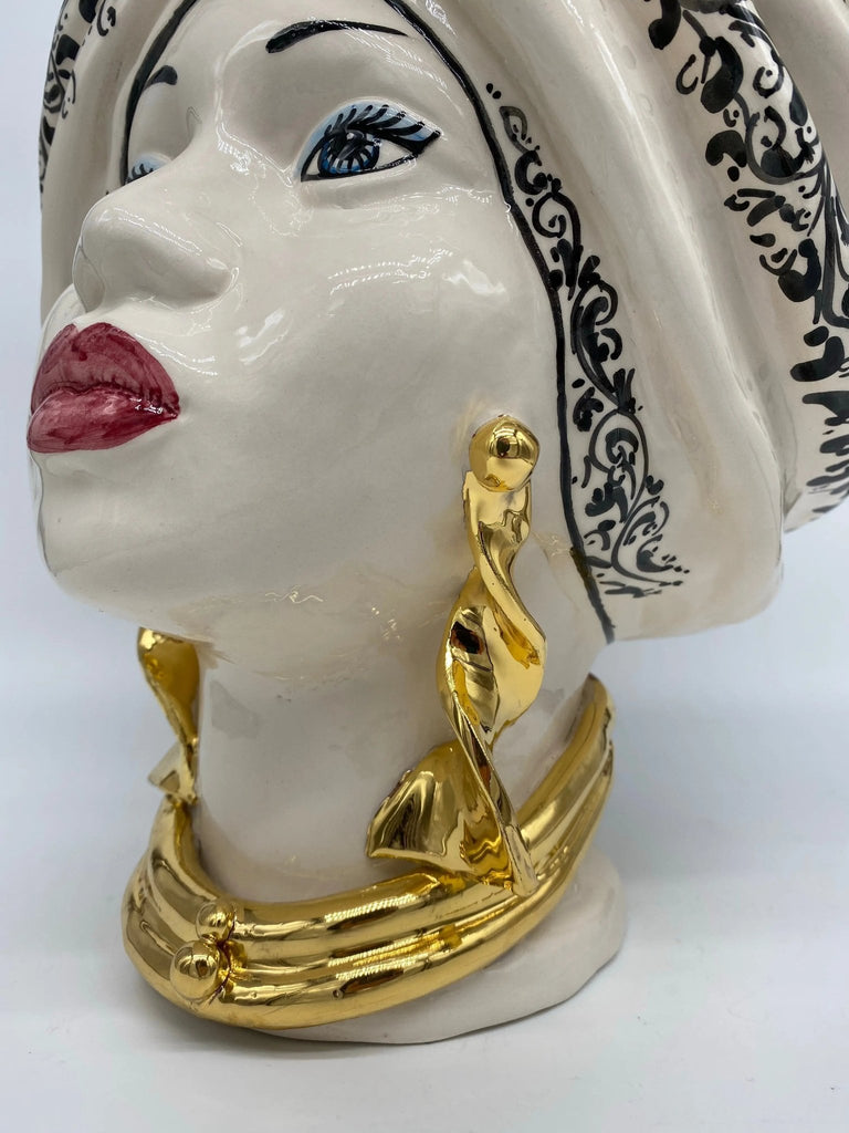 Teste di Moro Atena Ceramica Caltagirone cm H.30 L.23 Artigianale Bianco Decoro Barocco Oro - DD CERAMICHE SICILIANE