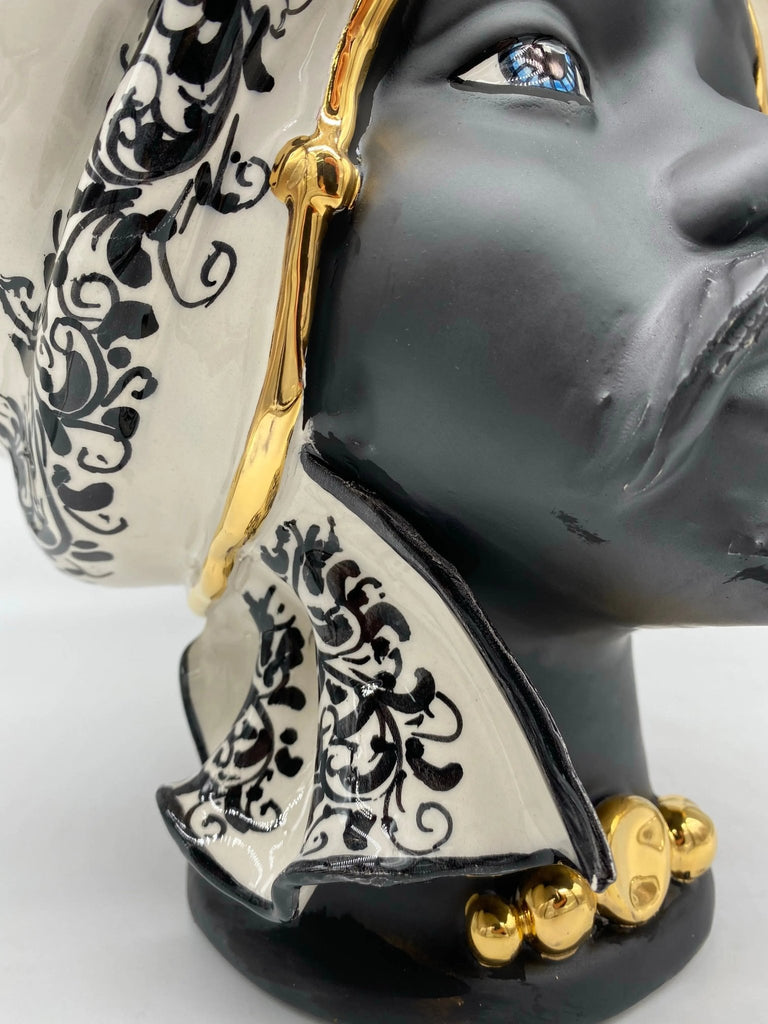 Teste di Moro Atena Ceramica Caltagirone cm H.30 L.23 Artigianale Opaco Bianco Barocco Oro - DD CERAMICHE SICILIANE