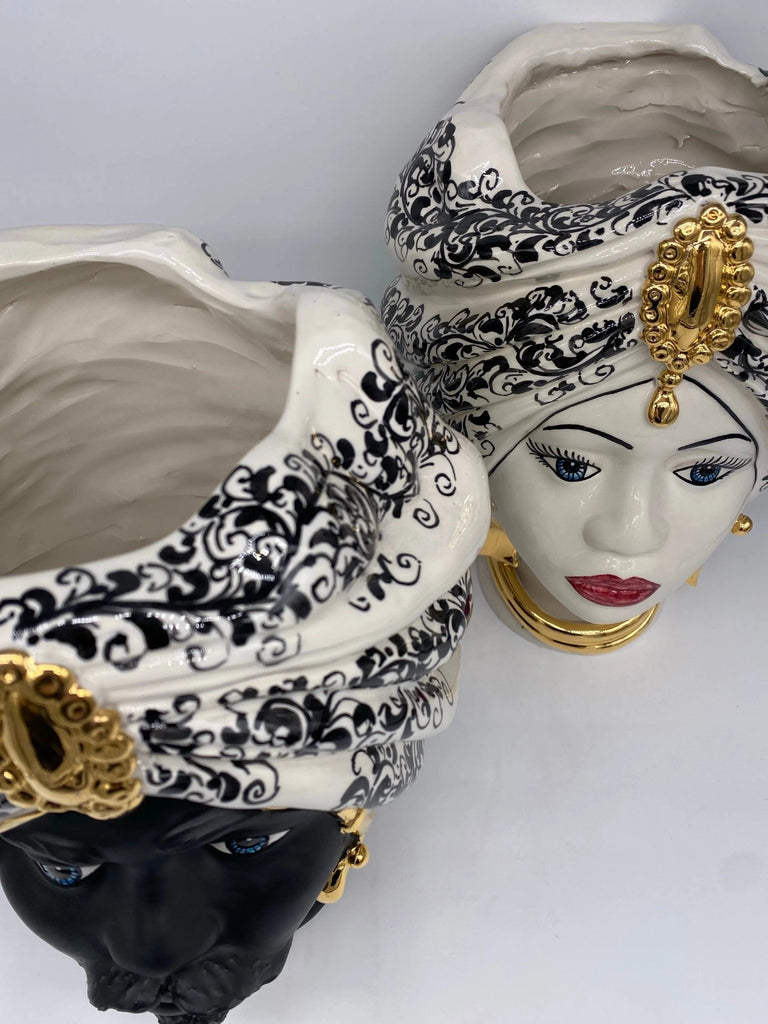 Teste di Moro Atena Ceramica Caltagirone cm H.30 L.23 Artigianale Opaco Bianco Barocco Oro - DD CERAMICHE SICILIANE