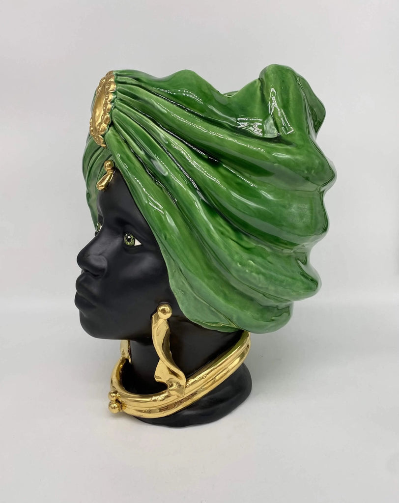 Teste di Moro Atena Ceramica Caltagirone cm H.30 L.23 Artigianale Verde Cristallo Nero Oro - DD CERAMICHE SICILIANE