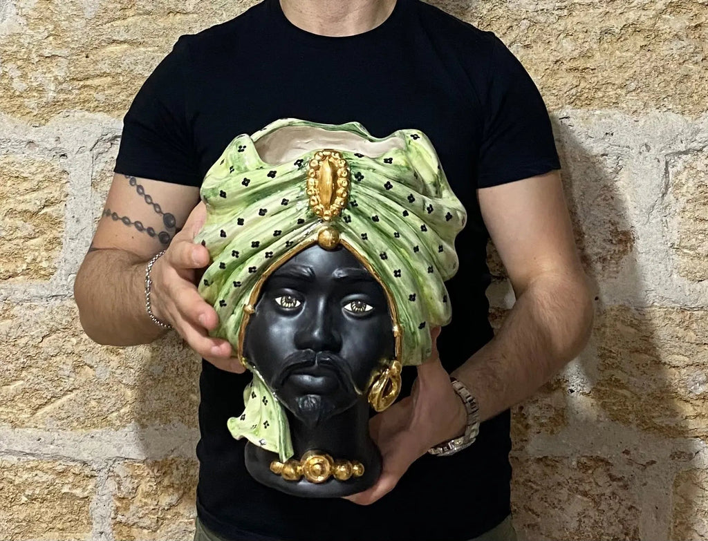 Teste di Moro Atena Ceramica Caltagirone cm H.30 L.23 Artigianale Verde Pois Nero Oro - DD CERAMICHE SICILIANE