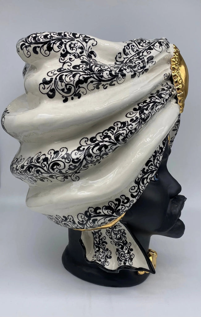 Teste di Moro Atena Ceramica Caltagirone cm H.40 L.28 Artigianale Opaco Bianco Barocco Oro - DD CERAMICHE SICILIANE