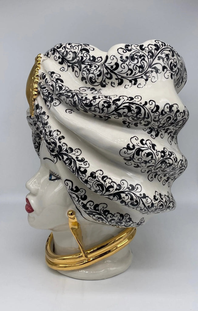Teste di Moro Atena Ceramica Caltagirone cm H.40 L.28 Artigianale Opaco Bianco Barocco Oro - DD CERAMICHE SICILIANE