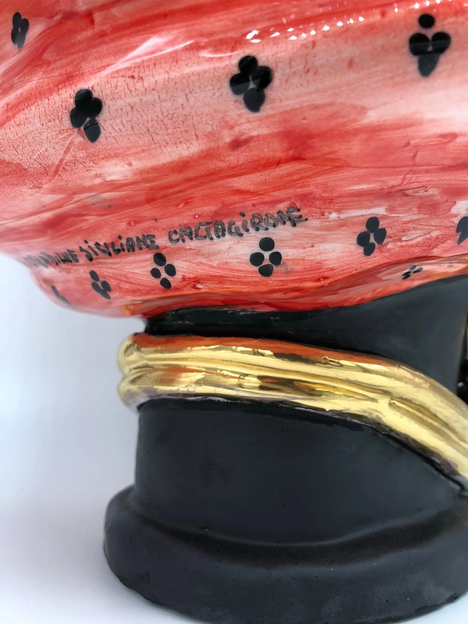 Teste di Moro Atena Ceramica Caltagirone cm H.40 L.28 Artigianale Rosso Pois Nero Oro - DD CERAMICHE SICILIANE
