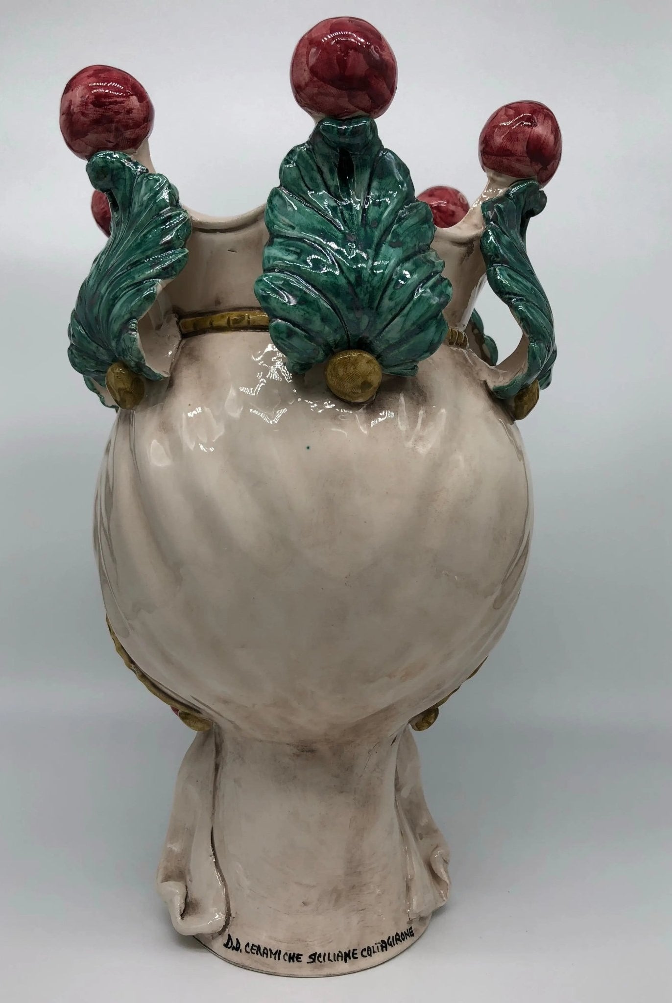 Teste di Moro Aurora Ceramica Caltagirone cm H.33 L.18 Artigianale Effetto Invecchiato Foglie Verde - DD CERAMICHE SICILIANE