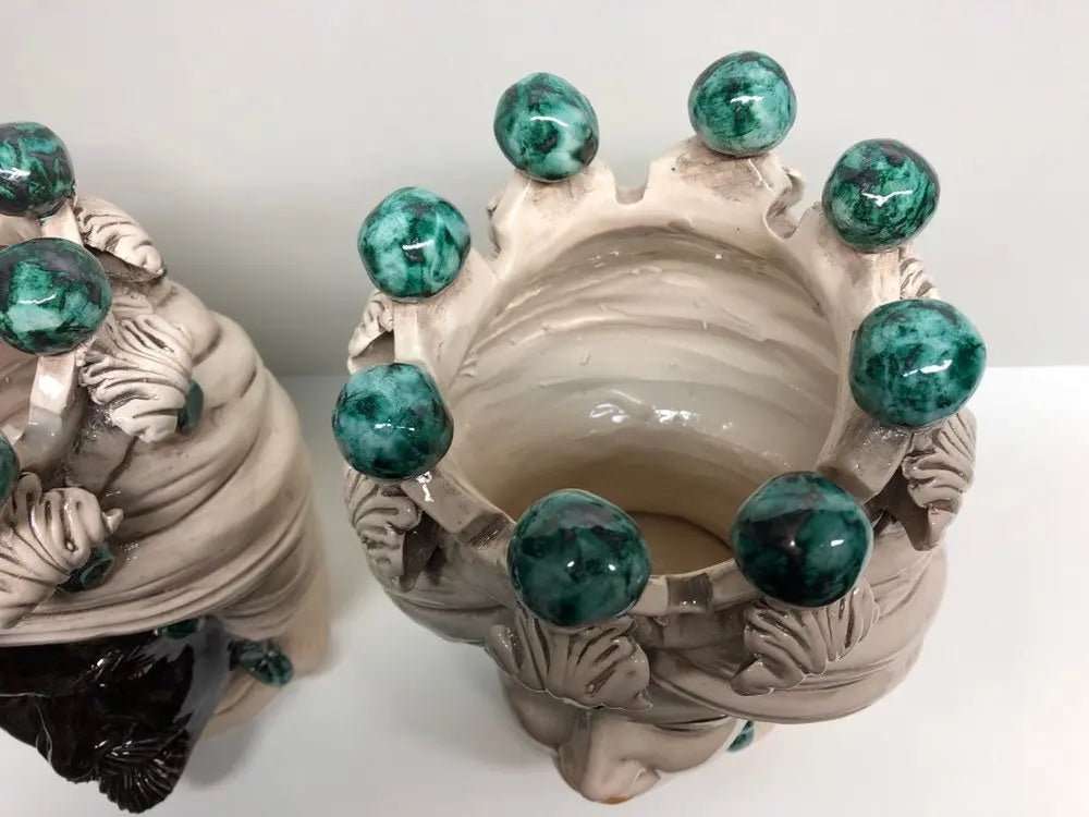 Teste di Moro Corona Ceramica Caltagirone cm H.30 L.20 Artigianale Sfere Verde - DD CERAMICHE SICILIANE