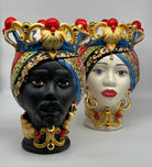 Teste di Moro Diana “Carretto” Ceramica Caltagirone cm H.30 L.20 Artigianale Écru Oro Sfere Rosso - DD CERAMICHE SICILIANE