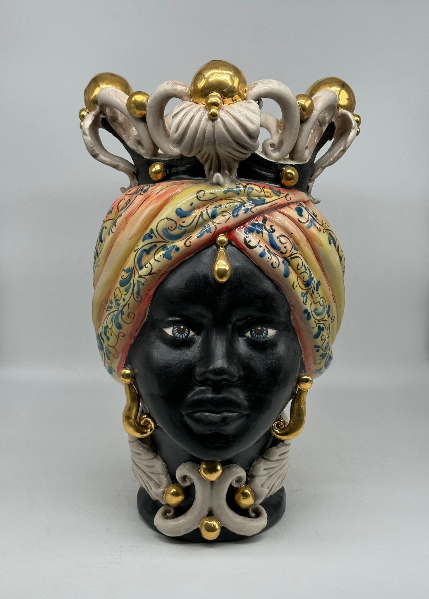 Teste di Moro Diana Ceramica Caltagirone cm H.40 L.25 Artigianale Barocco Arancio Sfere Oro - DD CERAMICHE SICILIANE