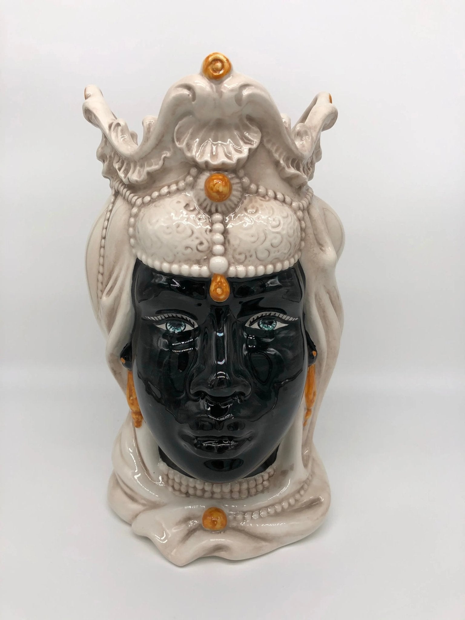 Teste di Moro Emiro Ceramica Caltagirone cm H.30 L.18 Artigianale Écru Sfere Arancio - DD CERAMICHE SICILIANE