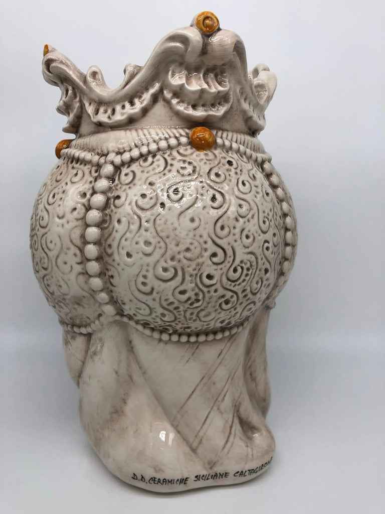 Teste di Moro Emiro Ceramica Caltagirone cm H.30 L.18 Artigianale Écru Sfere Arancio - DD CERAMICHE SICILIANE