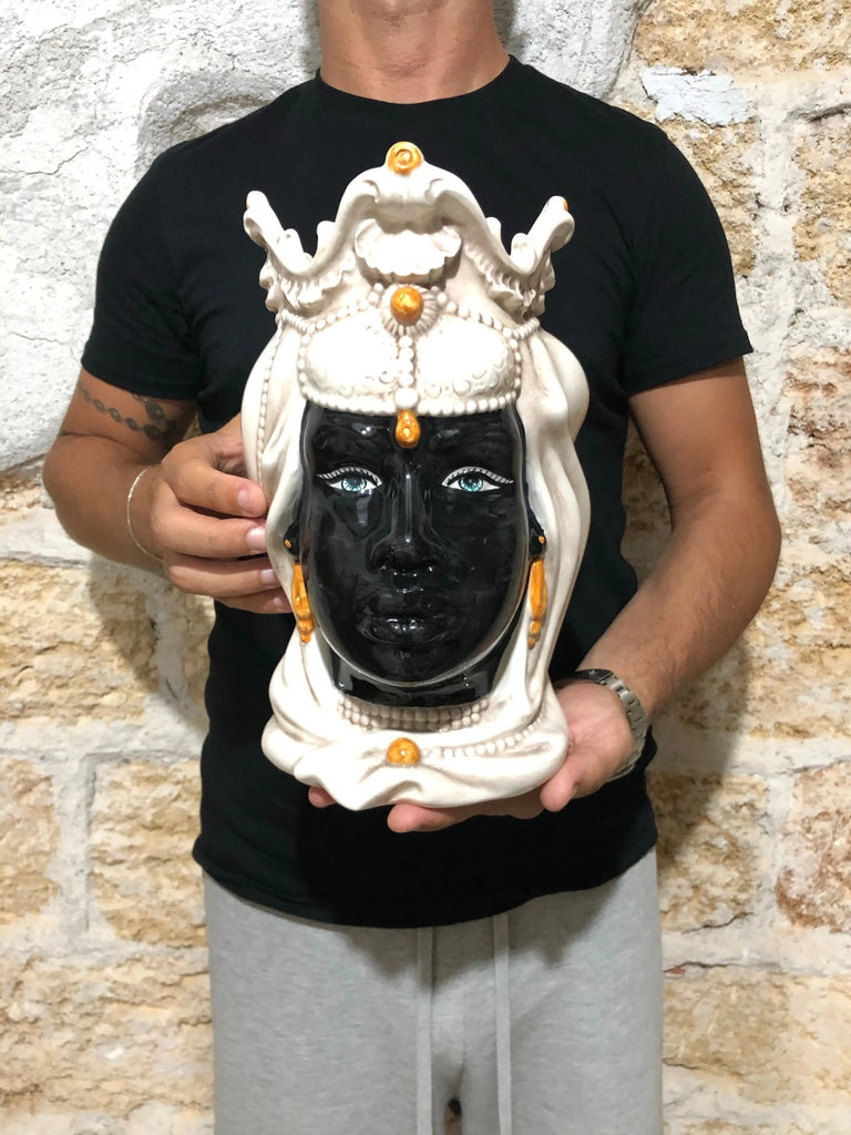 Teste di Moro Emiro Ceramica Caltagirone cm H.30 L.18 Artigianale Écru Sfere Arancio - DD CERAMICHE SICILIANE
