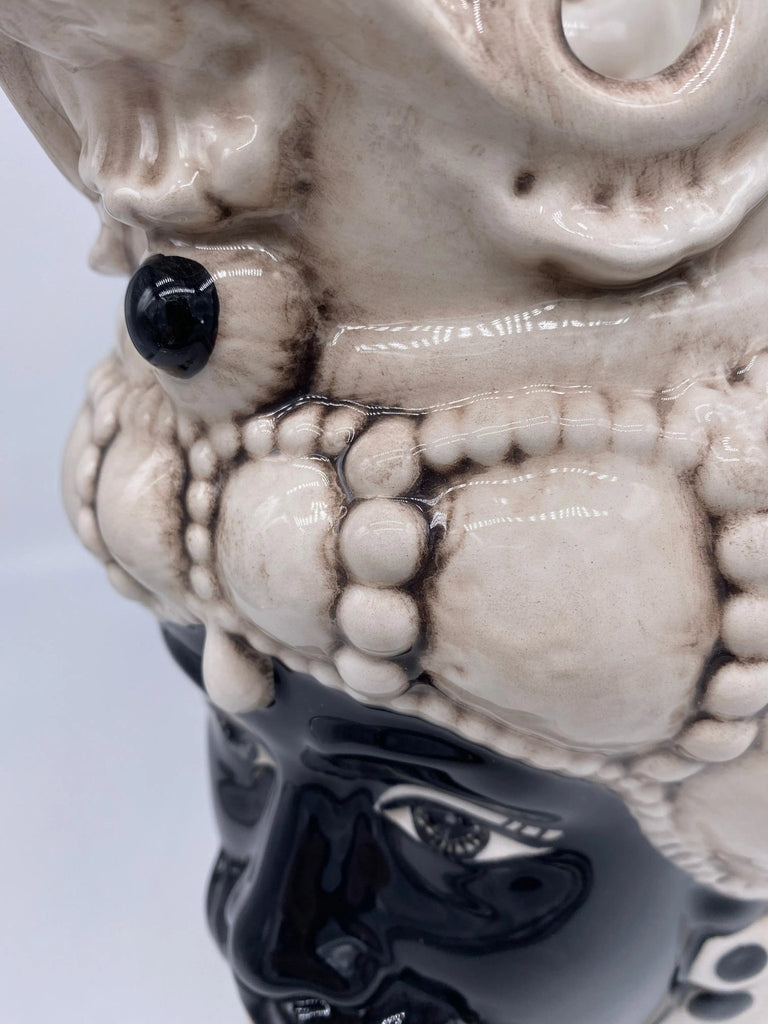 Teste di Moro Emiro Ceramica Caltagirone cm H.30 L.18 Artigianale Écru Sfere Nero - DD CERAMICHE SICILIANE