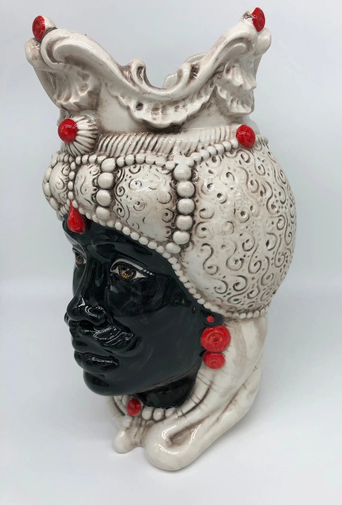 Teste di Moro Emiro Ceramica Caltagirone cm H.30 L.18 Artigianale Écru Sfere Rosso - DD CERAMICHE SICILIANE