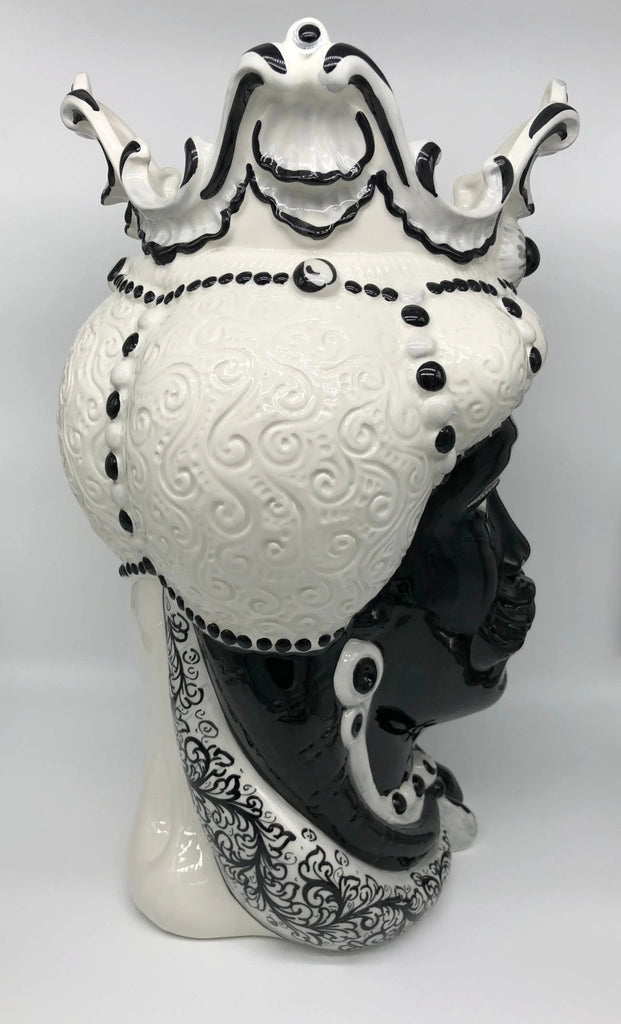 Teste di Moro Emiro Ceramica Caltagirone cm H.45 L.29 Artigianale Bianco Decoro Nero - DD CERAMICHE SICILIANE