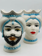 Teste di Moro Luis Ceramica Caltagirone cm H.22 L.15 Artigianale Turbante Liscio Bianco Celeste - DD CERAMICHE SICILIANE