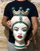 Teste di Moro Luis Ceramica Caltagirone cm H.44 L.23 Artigianale Turbante Liscio Écru Verde - DD CERAMICHE SICILIANE