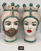 Teste di Moro Luis Ceramica Caltagirone cm H.44 L.23 Artigianale Turbante Liscio Écru Verde - DD CERAMICHE SICILIANE