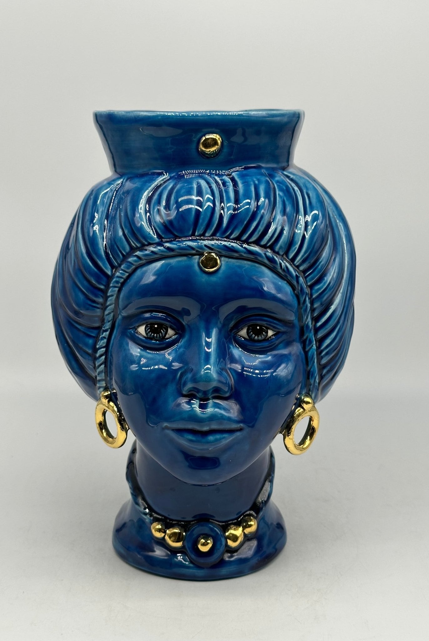 Teste di Moro Mediterraneo Ceramica Caltagirone cm H.29 L.22 Artigianale Blu Oro - DD CERAMICHE SICILIANE