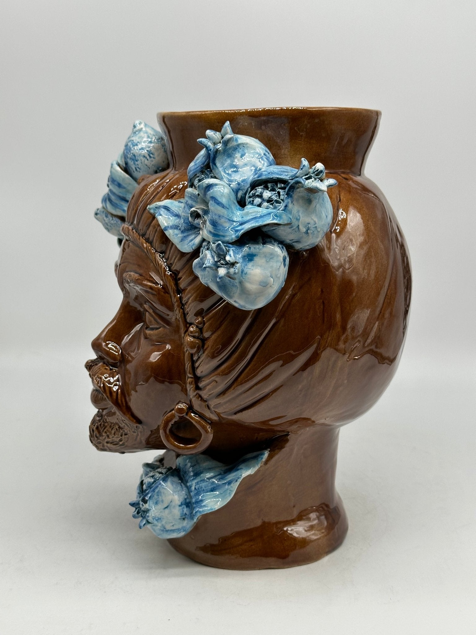 Teste di Moro Mediterraneo Ceramica Caltagirone cm H.29 L.22 Artigianale Marrone Azzurro - DD CERAMICHE SICILIANE