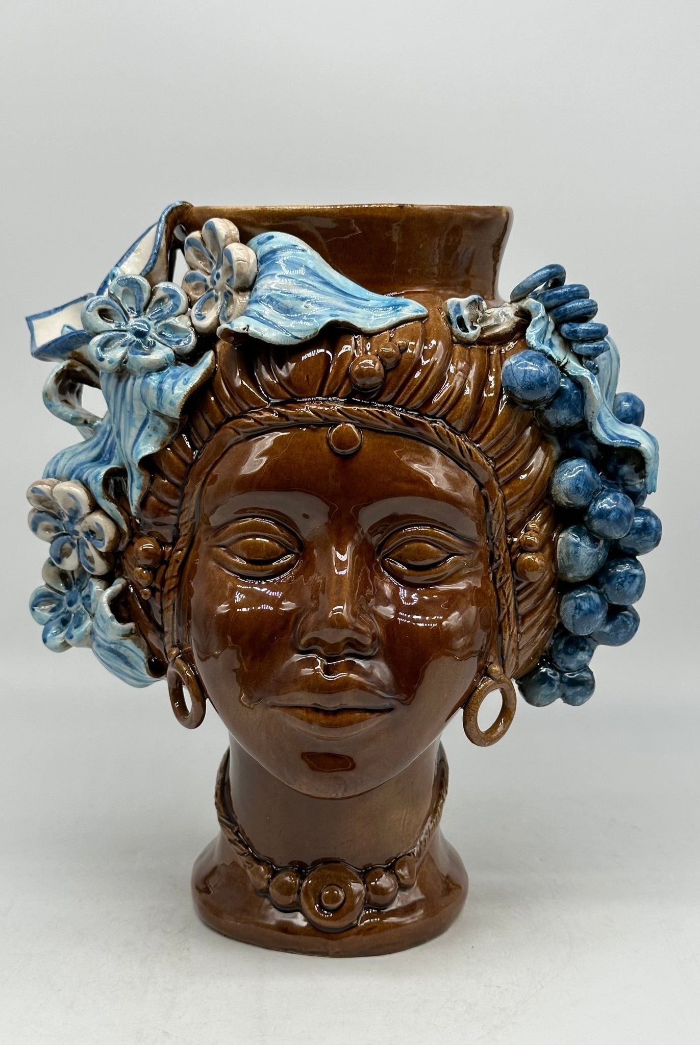Teste di Moro Mediterraneo Ceramica Caltagirone cm H.29 L.22 Artigianale Marrone Azzurro - DD CERAMICHE SICILIANE
