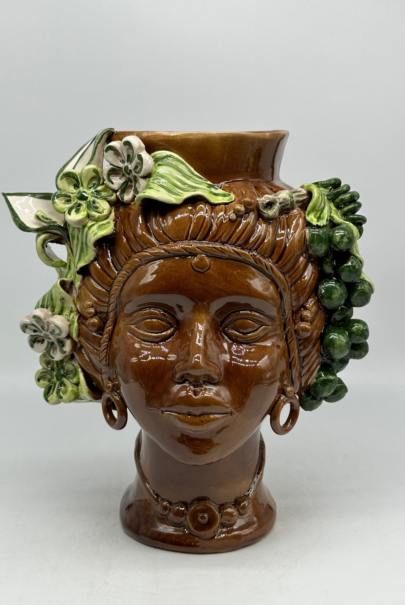 Teste di Moro Mediterraneo Ceramica Caltagirone cm H.29 L.22 Artigianale Marrone Verde - DD CERAMICHE SICILIANE