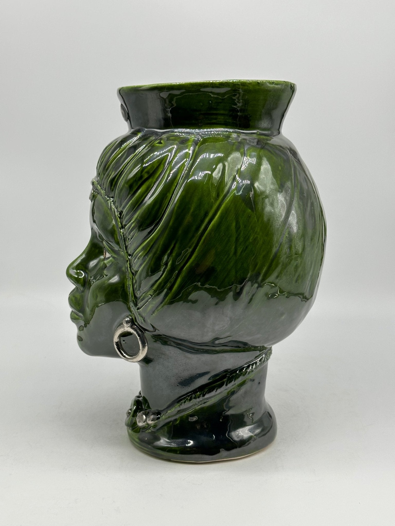 Teste di Moro Mediterraneo Ceramica Caltagirone cm H.29 L.22 Artigianale Verde Platino - DD CERAMICHE SICILIANE