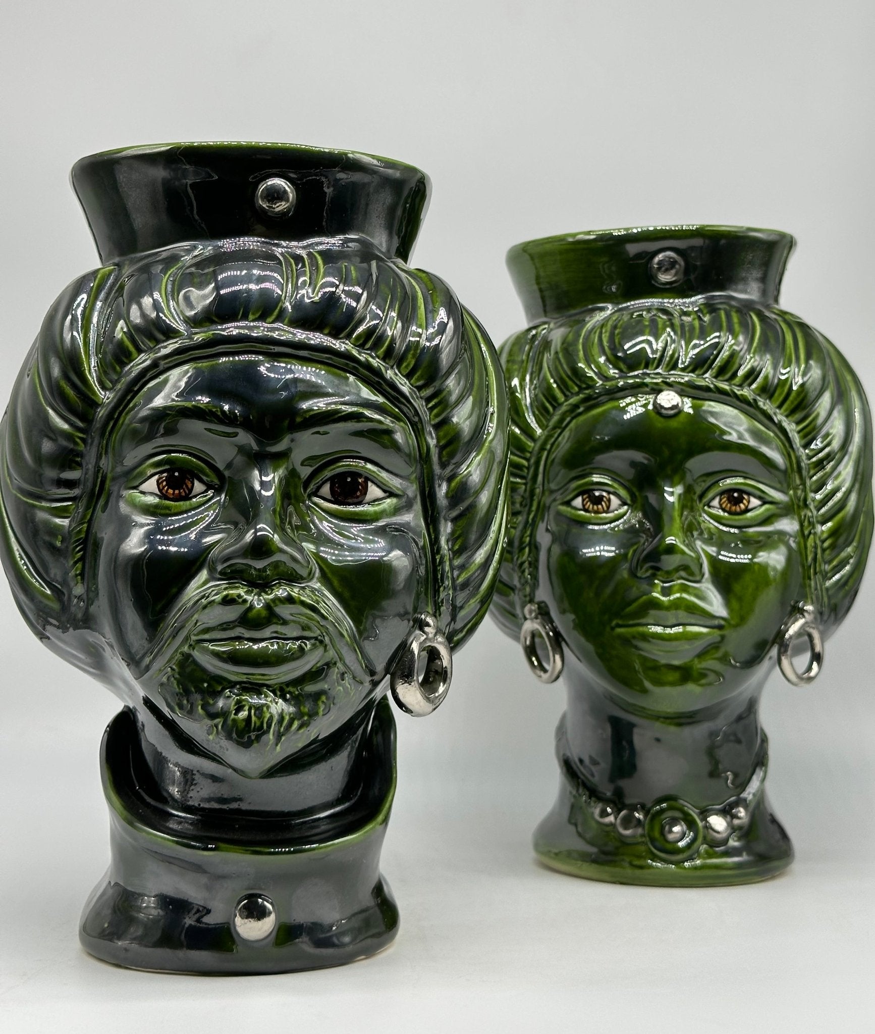 Teste di Moro Mediterraneo Ceramica Caltagirone cm H.29 L.22 Artigianale Verde Platino - DD CERAMICHE SICILIANE