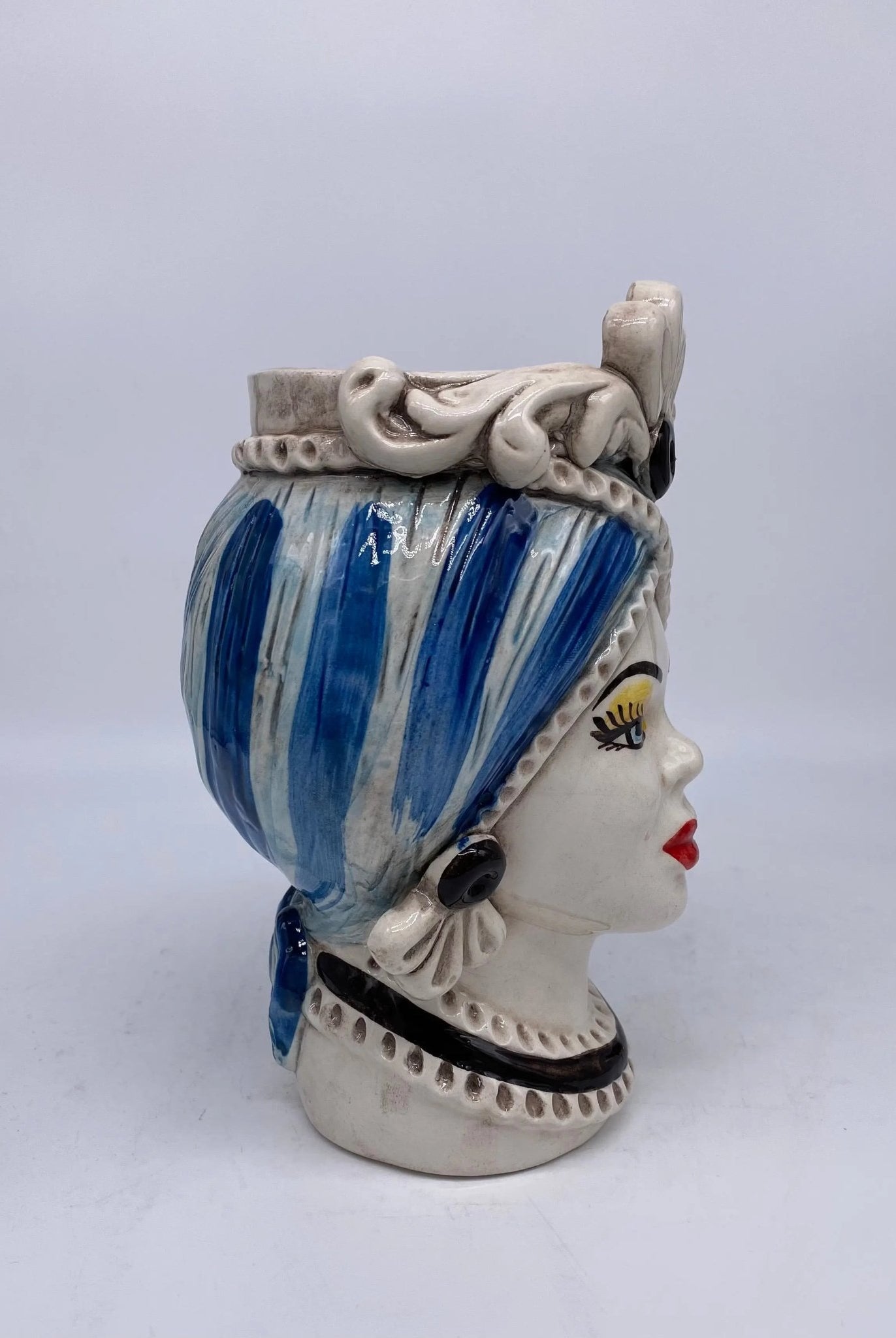 Teste di Moro Moresca Ceramica Caltagirone cm H.20 L.12 Artigianale Turbante Azzurro - DD CERAMICHE SICILIANE