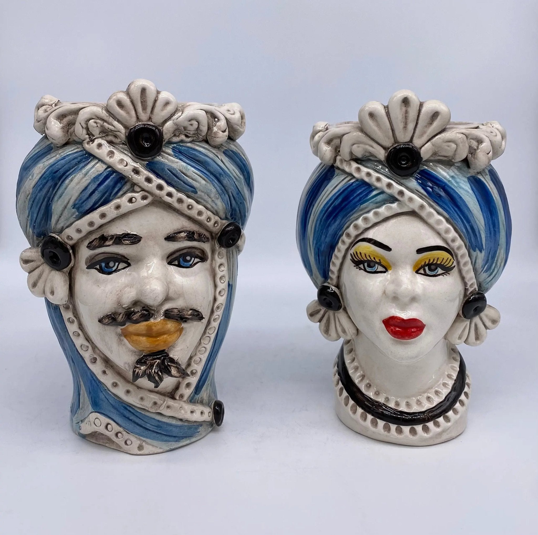 Teste di Moro Moresca Ceramica Caltagirone cm H.20 L.12 Artigianale Turbante Azzurro - DD CERAMICHE SICILIANE