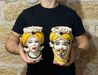 Teste di Moro Moresca Ceramica Caltagirone cm H.20 L.12 Artigianale Turbante Ocra - DD CERAMICHE SICILIANE