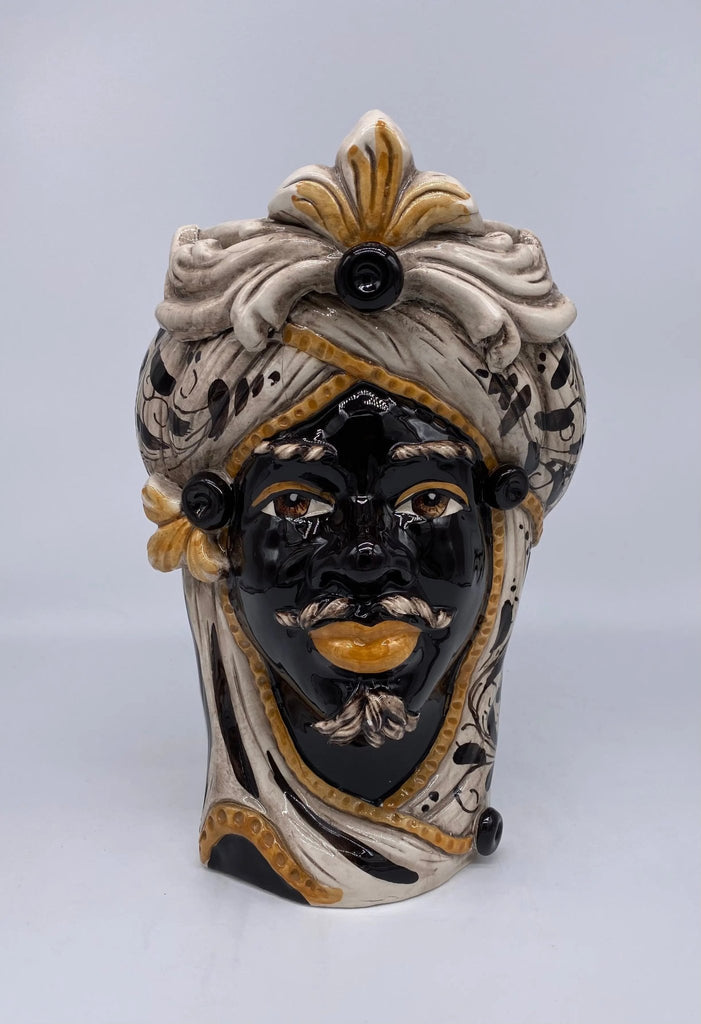 Teste di Moro Moresca Ceramica Caltagirone cm H.28 L.19 Artigianale Barocco Ocra - DD CERAMICHE SICILIANE