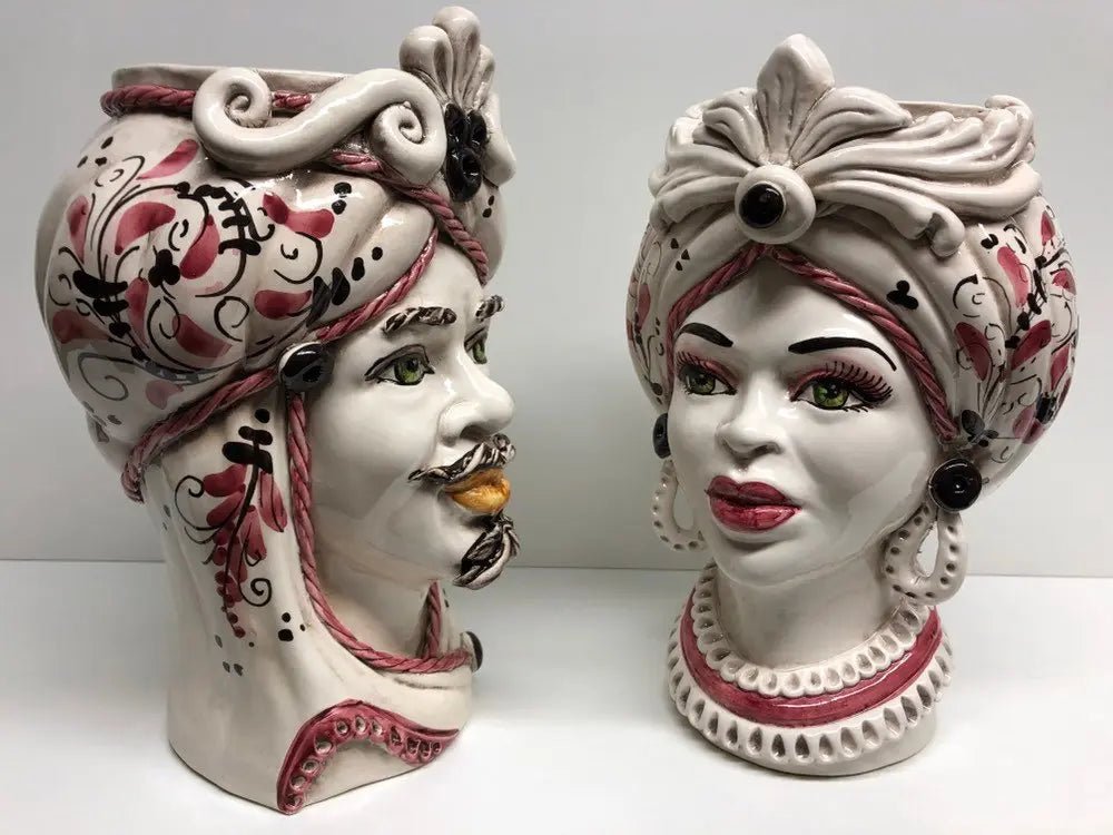 Teste di Moro Moresca Ceramica Caltagirone cm H.28 L.19 Artigianale Barocco Rosa - DD CERAMICHE SICILIANE