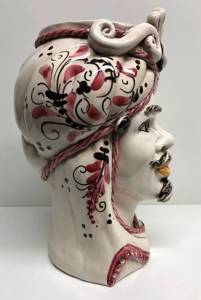 Teste di Moro Moresca Ceramica Caltagirone cm H.28 L.19 Artigianale Barocco Rosa - DD CERAMICHE SICILIANE