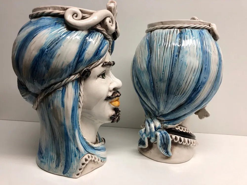 Teste di Moro Moresca Ceramica Caltagirone cm H.28 L.19 Artigianale Turbante Azzurro - DD CERAMICHE SICILIANE