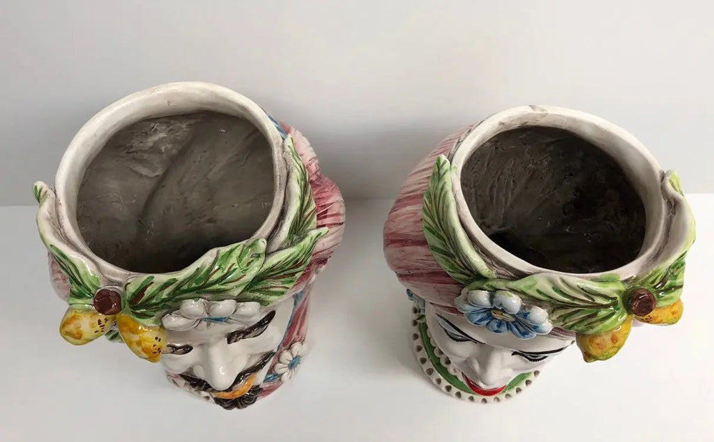 Teste di Moro Moresca Ceramica Caltagirone cm H.28 L.19 Artigianale Turbante Rosa Fiori Limoni - DD CERAMICHE SICILIANE