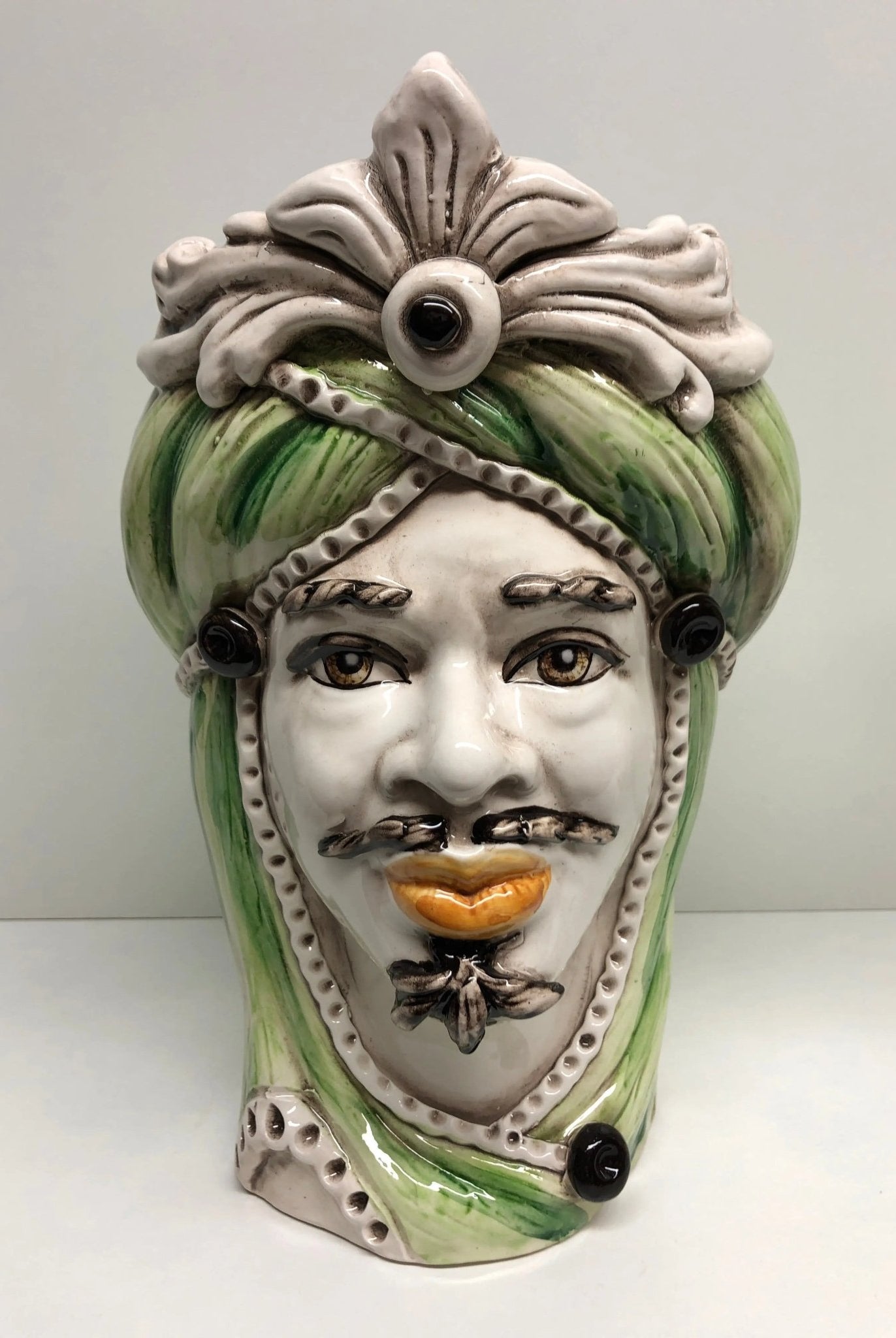 Teste di Moro Moresca Ceramica Caltagirone cm H.28 L.19 Artigianale Turbante Verde - DD CERAMICHE SICILIANE